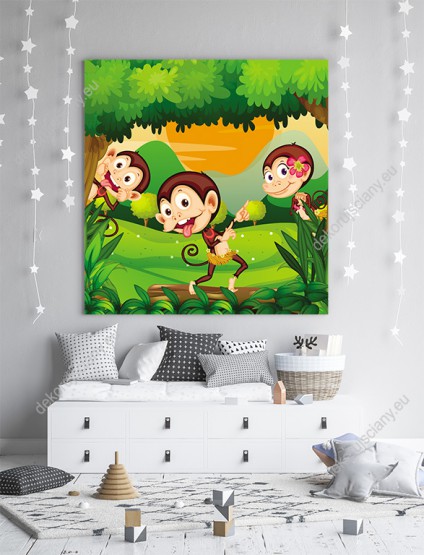 Wizualizacja obrazu do pokoju dziecięcego przedstawiająca trzy wesołe małpki tańczące w zielonej dżungli.
