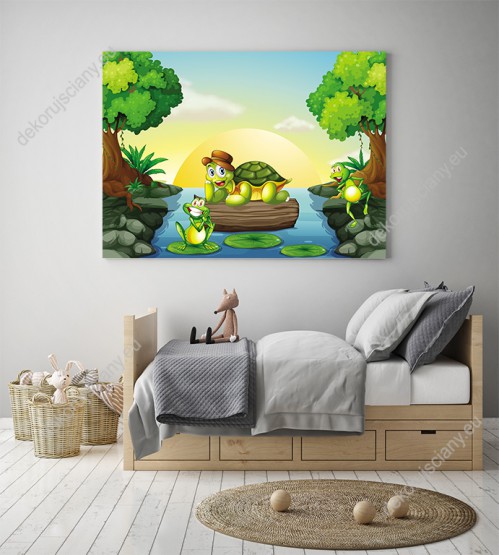 Wizualizacja obrazu do pokoju dziecięcego. Szczęśliwe żaby i żółw odpoczywający na pniu pływającego drzewa.