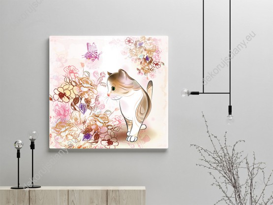 Wizualizacja obrazu do pokoju młodzieżowego, dziecięcego, salonu i sypialni z kotkiem spacerującym wśród delikatnych, kolorowych kwiatów.