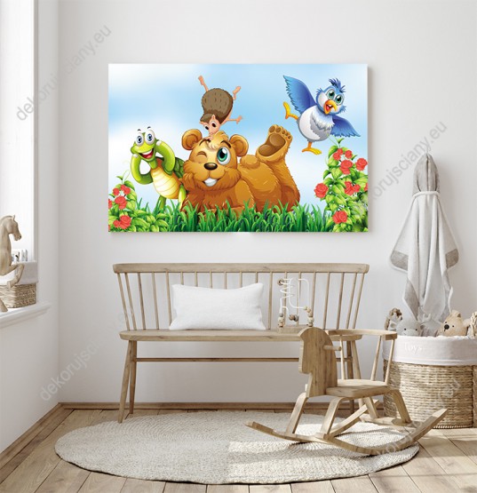 Wizualizacja obrazu do pokoju dziecięcego z grupą wesołych zwierzęcych przyjaciół: misiem, jeżem, ptakiem i żółwiem.
