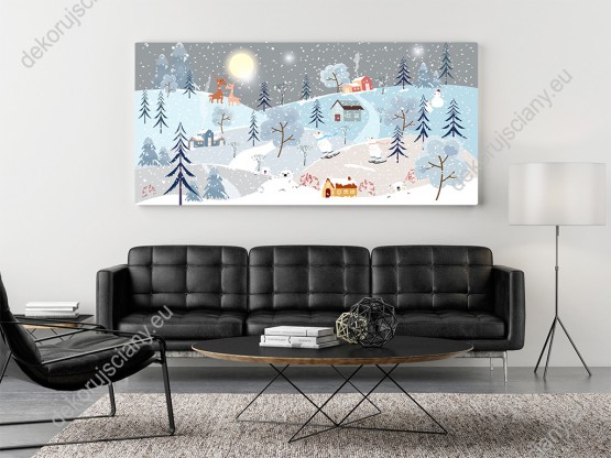 Wizualizacja obrazu do pokoju dziecięcego. Zimowy krajobraz z górami, niedźwiedziami polarnym grającym na łyżwach, reniferami, padającym śniegiem i białymi, ośnieżonymi drzewami.