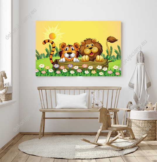 Wizualizacja obrazu do pokoju dziecięcego z wesołym lwem i tygrysem na kwiatowej łące.