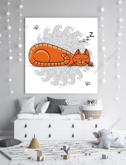 Wizualizacja obrazu do pokoju dziecięcego z śpiącym, abstrakcyjnym kotem o rudej sierści.