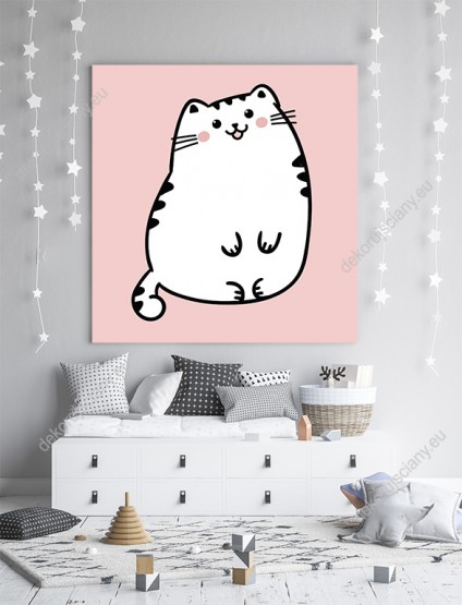 Wizualizacja obrazu do pokoju dziecięcego ze słodkim, białym kotkiem, na różowym tle.