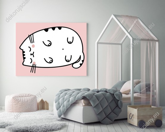Wizualizacja obrazu do pokoju dziecięcego ze śpiącym, białym kotkiem.