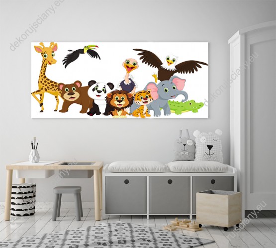Wizualizacja obrazu do pokoju dziecięcego z grupą wesołych zwierząt z dżungli.