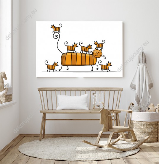 Wizualizacja obrazu do pokoju dziecięcego ze spacerującą rodziną rudych, abstrakcyjnych kotów w paski.