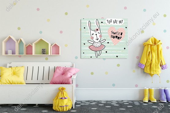 Wizualizacja obrazu do pokoju dziecięcego z wesołym króliczkiem tańczącym w różowej spódniczce.