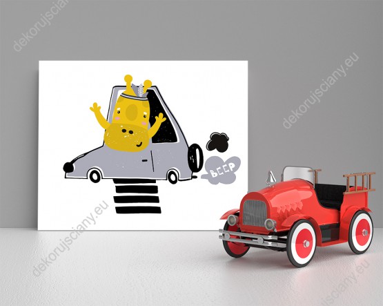 Wizualizacja obrazu do pokoju dziecięcego z kreskówkową żyrafą jadącą samochodem.