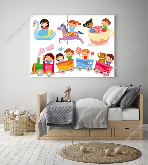 Wizualizacja obrazu do pokoju dziecięcego przedstawia szczęśliwe dzieci bawiące się na karuzelach w wesołym miasteczku.