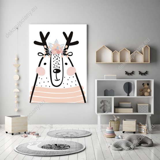 Wizualizacja obrazu do pokoju dziecięcego kreskówkowym jeleniem, w stylu skandynawskim, na białym tle.