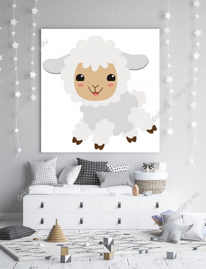 Wizualizacja obrazu do pokoju dziecięcego ze skaczącą wesoło słodką, małą owieczką.