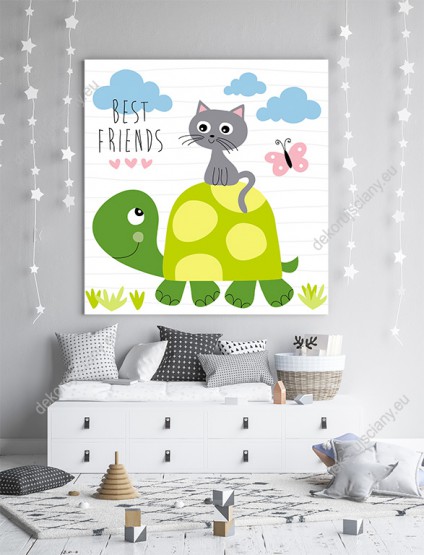 Wizualizacja obrazu do pokoju dziecięcego ze zwierzęcymi przyjaciółmi żółwiem i kotem. Wesoły żółw niesie kota na grzbiecie swojej skorupy.
