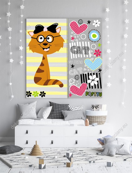 Wizualizacja obrazu do pokoju dziecięcego ze śmiesznym kotem w okularach.