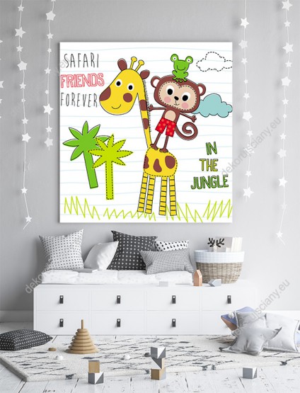 Wizualizacja obrazu do pokoju dziecięcego ze zwierzęcymi przyjaciółmi z dżungli: żyrafą, małpką i żabką.
