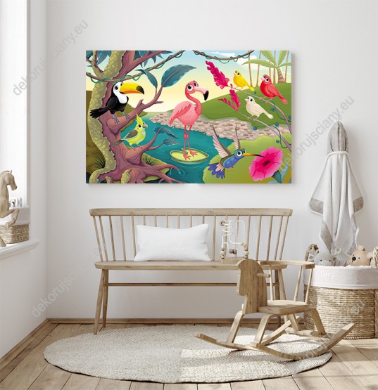 Wizualizacja obrazu do pokoju dziecięcego z barwnymi, tropikalnymi ptakami w dżungli.