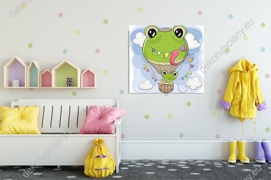 Wizualizacja obrazu do pokoju dziecięcego z uroczą żabką lecącą po niebie zielonym balonem na gorące powietrze.