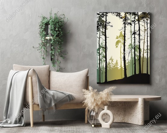 Wizualizacja obrazu z widokiem artystycznego sosnowego lasu w czarno-zielonych barwach. Obraz do pokoju dziennego, młodzieżowego, sypialni, salonu, biura, gabinetu, przedpokoju i jadalni.