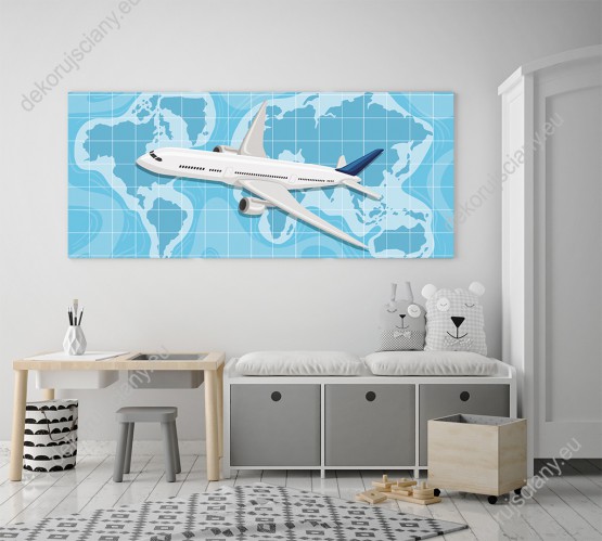 Wizualizacja obrazu do pokoju dziecięcego z samolotem lecącym nad mapą świata.