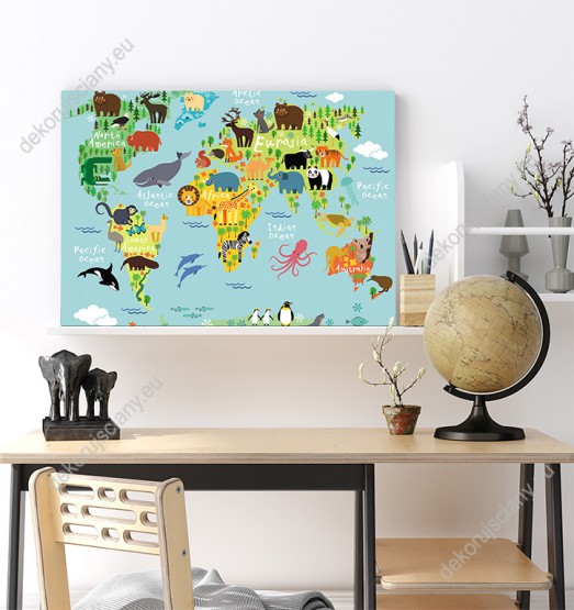Wizualizacja obrazu do pokoju dziecięcego przedstawia kolorową mapę świata ze zwierzętami wszystkich kontynentów oraz mórz i oceanów.