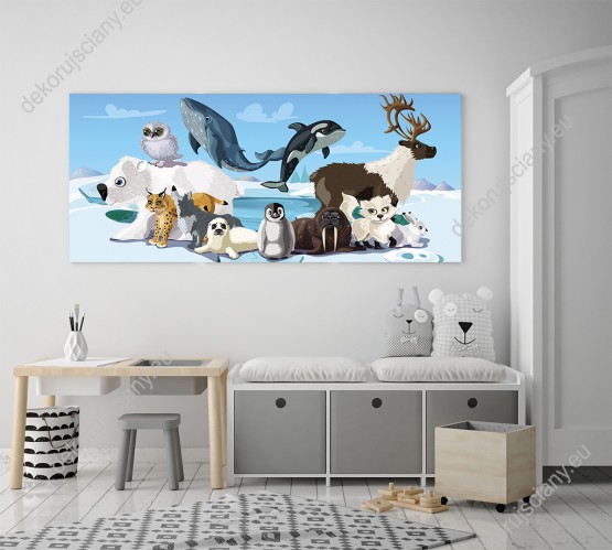 Wizualizacja obrazu do pokoju dziecięcego z różnymi zwierzętami: foką, pingwinem rysiem, sową śnieżną, królikiem, lisem, wilkiem, morsem, wielorybem, orką i reniferem, w mroźnym klimacie a Arktyki.