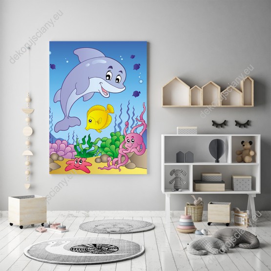 Wizualizacja obrazu do pokoju dziecięcego z delfinem, rybami ośmiornicą i rozgwiazdą w podwodnym świecie.