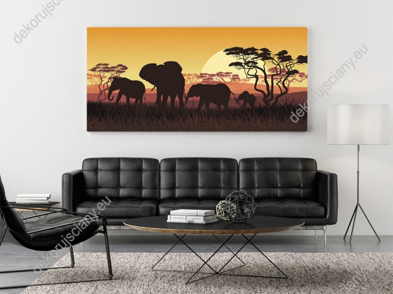 Wizualizacja obrazu przedstawia sylwetki słoni na sawannie o zachodzie słońca. Obraz do pokoju dziennego, dziecięcego, młodzieżowego, sypialni, salonu, biura, gabinetu, przedpokoju i jadalni.  