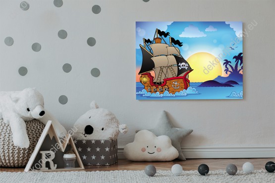 Wizualizacja obrazu do pokoju dziecięcego ze statkiem pirackim pływającym po morzu, na tle zachodzącego słońca.