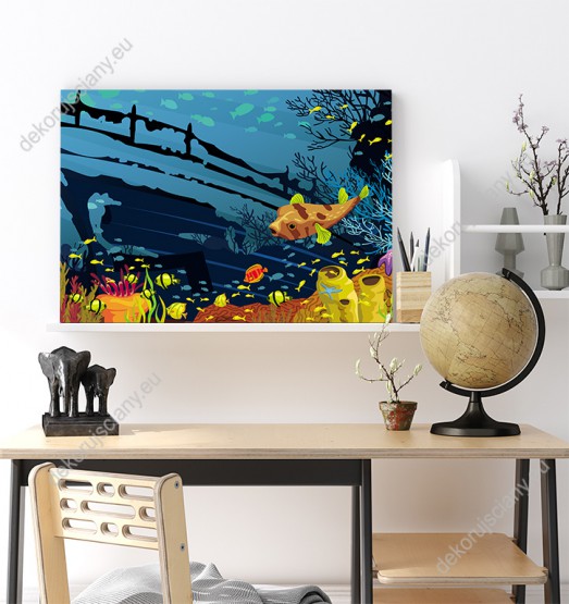 Wizualizacja obrazu do pokoju dziecięcego z rybami, podwodnymi roślinami i porzuconym wrakiem statku na dnie morza.