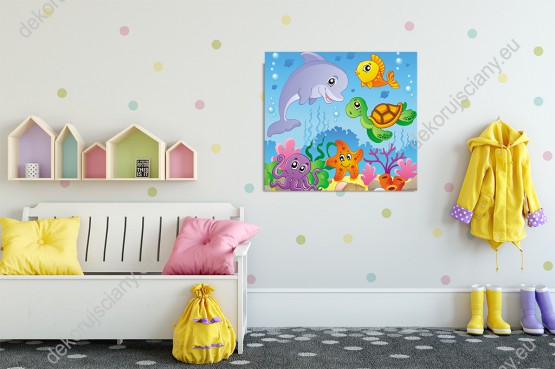 Wizualizacja Obraz do pokoju dziecięcego z morskimi zwierzętami delfinem, ośmiornicą, żółwiem i rozgwiazdą w podwodnym świecie.