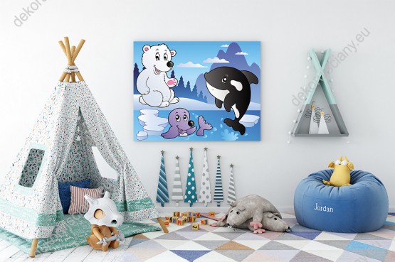Wizualizacja obrazu do pokoju dziecięcego z wesołymi zwierzętami Arktyki foką, misiem polarnym i orką.