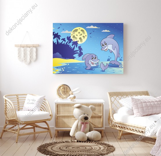 Wizualizacja obrazu do pokoju dziecięcego z wesołymi delfinami pływającymi w nocy przy pełni księżyca.