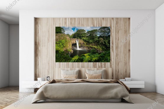 Wizualizacja obrazu z widokiem ma Tęczowe Wodospady Hilo wśród skał i bujnej roślinności na Hawajach. Obraz do pokoju dziennego, salonu, sypialni, gabinetu, biura, przedpokoju i jadalni.