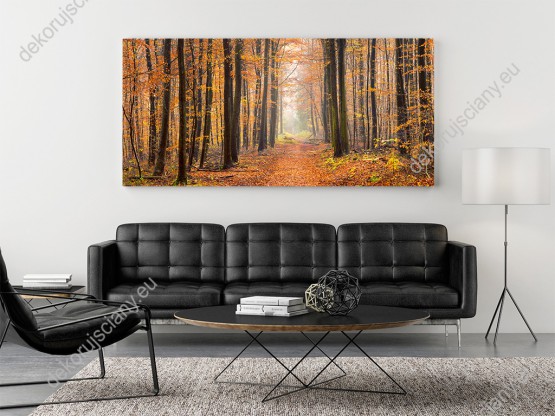 Wizualizacja obrazu z panoramą na jesienny, złoty las. Obraz do pokoju dziennego, salonu, sypialni, biura, gabinetu, przedpokoju i jadalni.