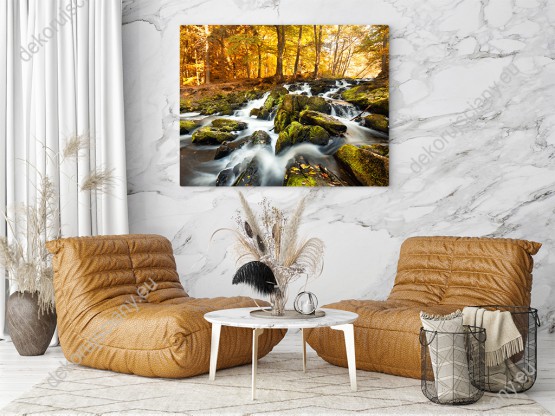 Wizualizacja obrazu z górski potokiem w jesiennym lesie, w Niemczech. Taki obraz świetnie sprawdzi się w pokoju dziennym, sypialni, salonie, przedpokoju, jadalni, biurze.