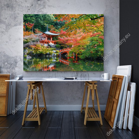 Wizualizacja obrazu z widokiem na świątynie i jesienny las w Japonii. Obraz do sypialni, salonu, pokoju dziennego, gabinetu, biura, przedpokoju.