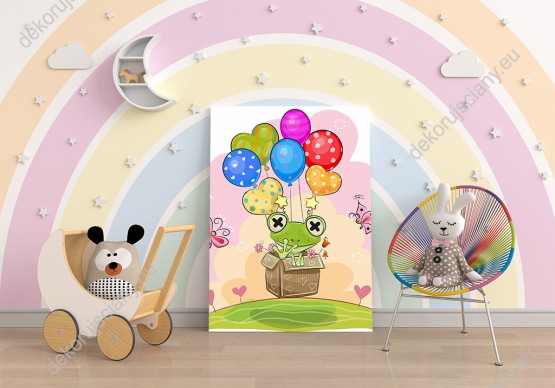 Wizualizacja obrazu do pokoju dziecięcego z żabą w kartonie unoszonym w niebo przez kolorowe balony.