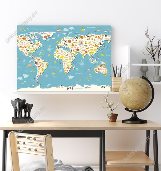 Wizualizacja obrazu do pokoju dziecięcego przedstawiający mapę świata różnymi, kolorowymi zwierzętami różnych kontynentów, na niebieskim tle mórz i oceanów.