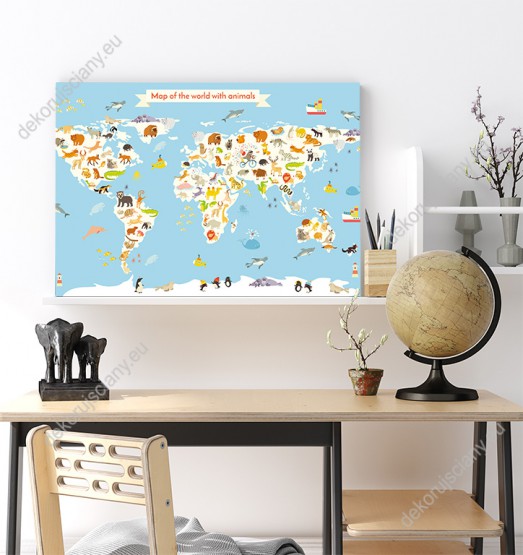 wizualizacja obrazu do pokoju dziecięcego z kolorową mapą świata z kolorowymi zwierzętami wszystkich kontynentów na niebieskim tle.
