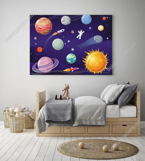 obraz-na-plotnie-planety Wizualizacja obrazu do pokoju dziecięcego z motywem kosmosu. Obraz przedstawia kolorowe planety, astronautę i rakiety w przestrzeni kosmicznej.