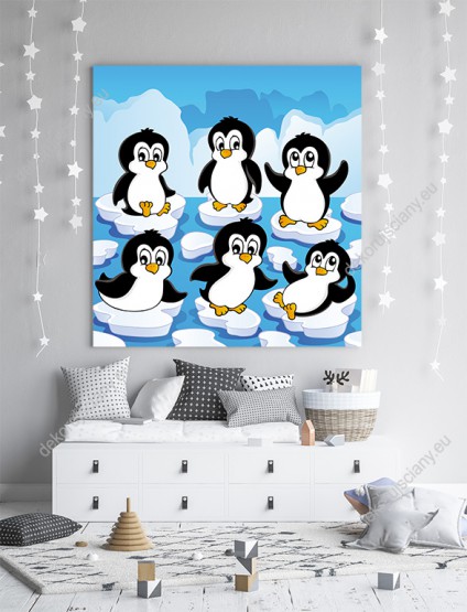 Wizualizacja obrazu do pokoju dziecięcego z pingwinami na lodowych krach Arktyki.