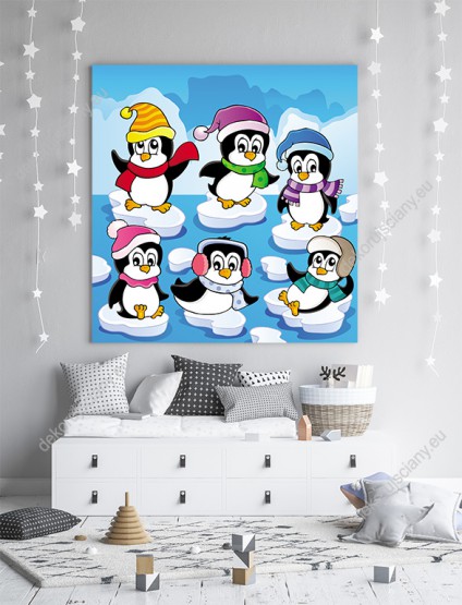 Wizualizacja obrazu do pokoju dziecięcego z grupą wesołych pingwinów ubranych w ciepłe, zimowe czapki i szaliki.