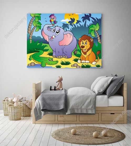 Wizualizacja obrazu do pokoju dziecięcego z Afrykańskimi zwierzętami: lwem, krokodylem, papugą i słoniem w dżungli.