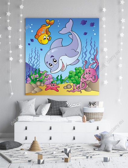 Wizualizacja obrazu do pokoju dziecięcego przedstawia delfina, ryby i inne morskie zwierzęta w podwodnego świata.