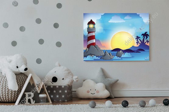 Wizualizacja obrazu do pokoju dziecięcego z latarnią morską wzniesioną na skale, na tle zachodzącego słońca.