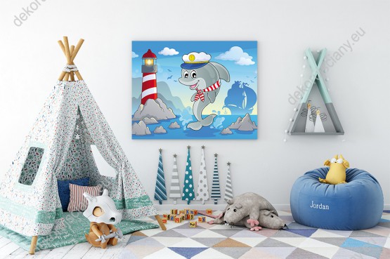 Wizualizacja obrazu do pokoju dziecięcego z delfinem w czapce marynarza i latarnią morską na skałach.
