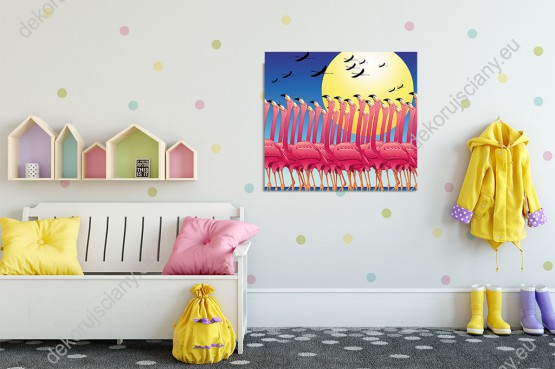 Wizualizacja obrazu do pokoju dziecięcego z dużym stadem różowych flamingów, na tle nieba, słońca i lecących w górze ptaków.
