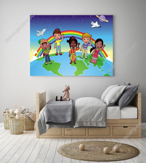 Wizualizacja obrazu do pokoju dziecięcego przedstawiający dzieci różnych kultur z różnych stron świata.