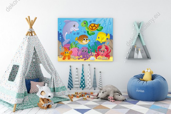 Wizualizacja obrazu do pokoju dziecięcego z wesołymi zwierzątkami wodnymi.