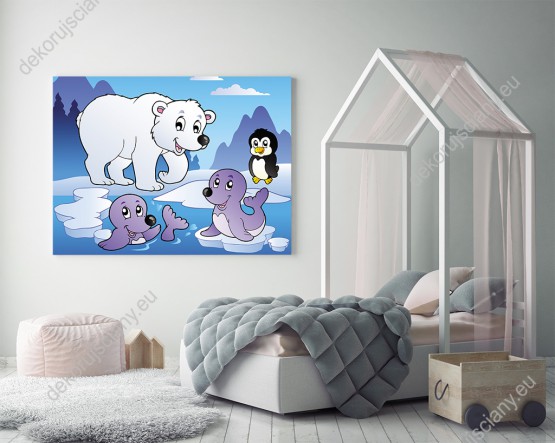 Wizualizacja obrazu do pokoju dziecięcego ze zwierzętami Arktyki, pingwinem, fokami i misiem polarnym w zimowej scenerii.